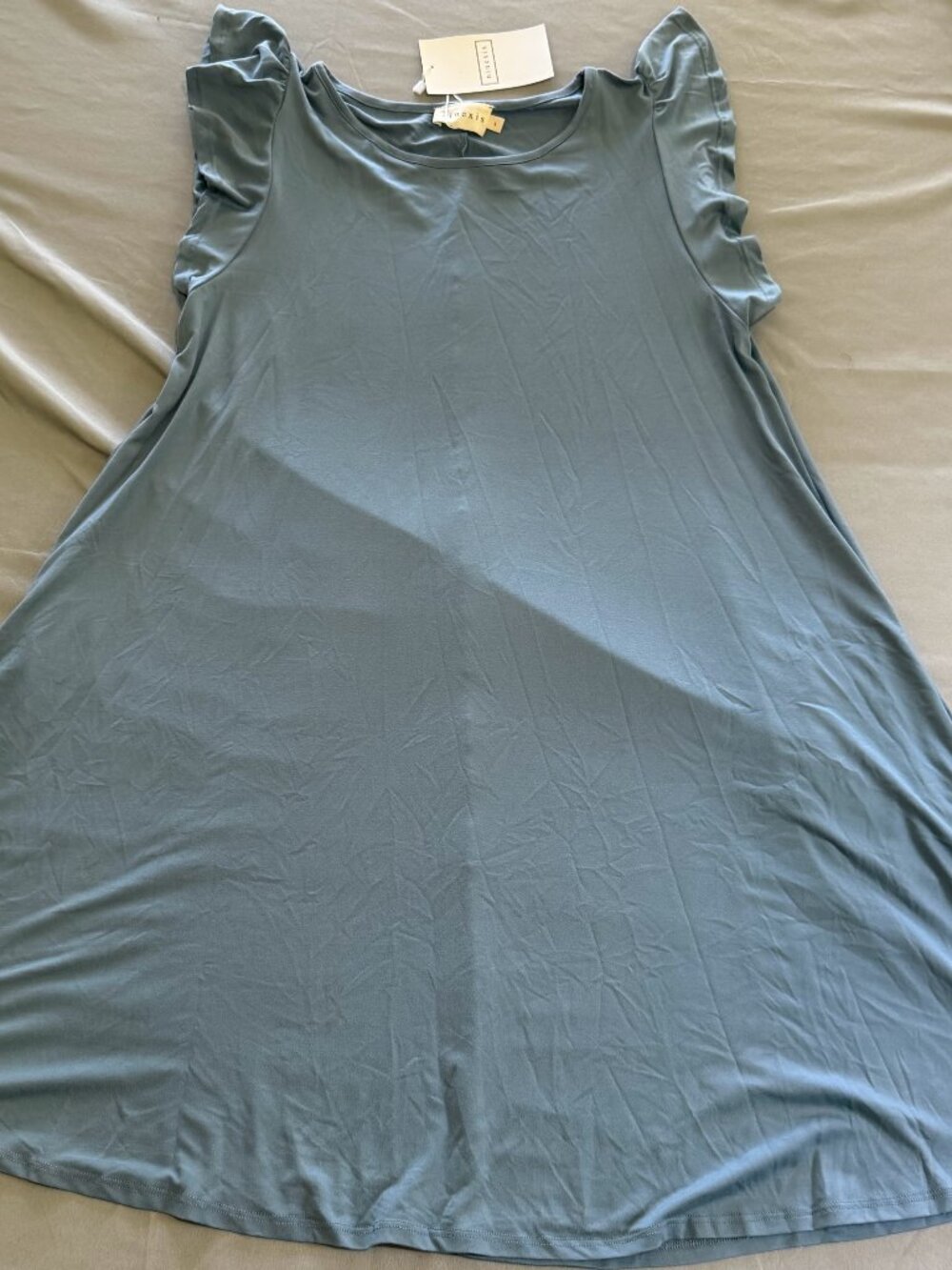 Ninexis Women's A-line Tee Shirt Dress W/Pockets Ruffle Sleeves Blue Large New